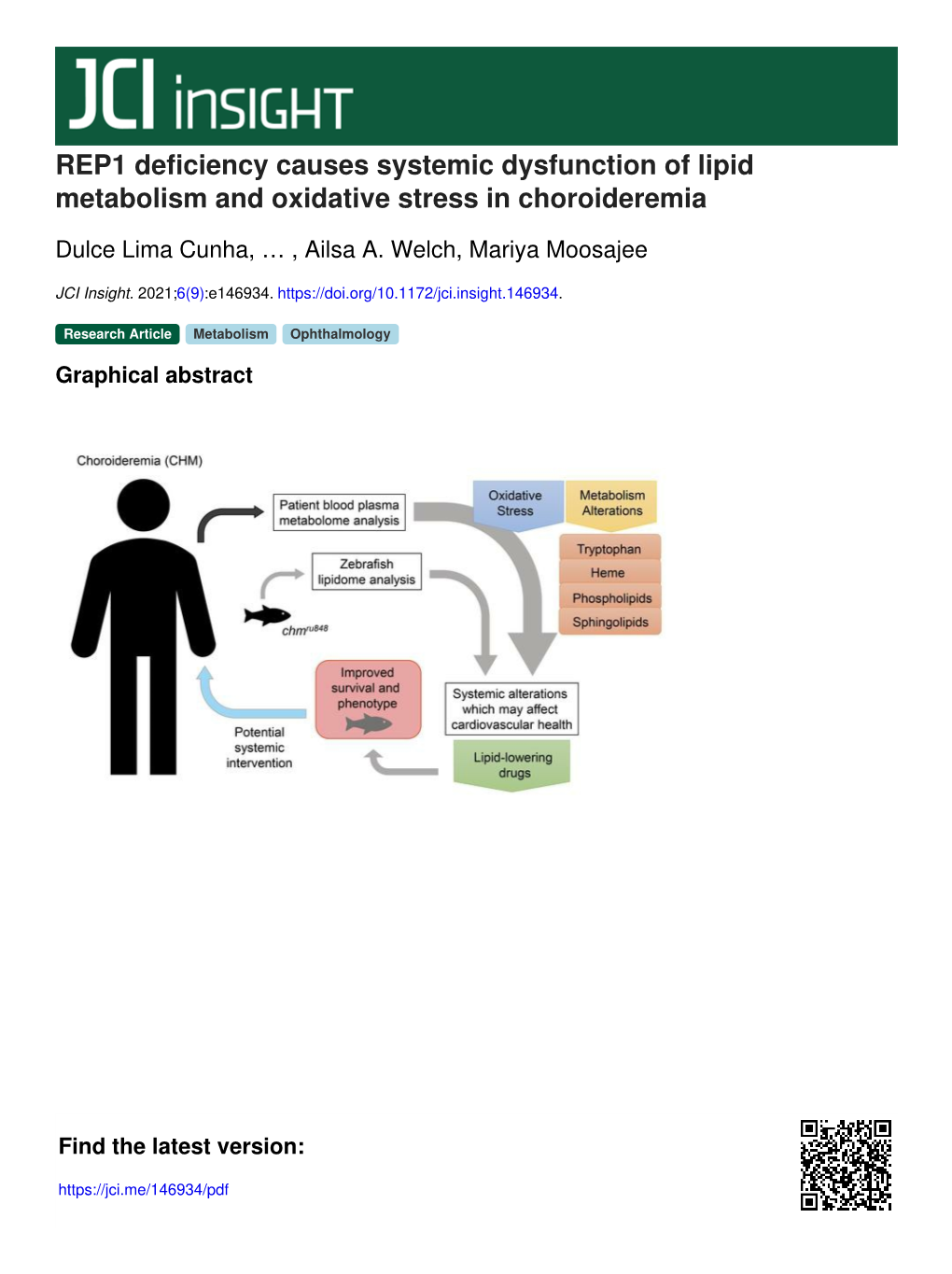 REP1 Deficiency Causes Systemic Dysfunction of Lipid Metabolism and Oxidative Stress in Choroideremia