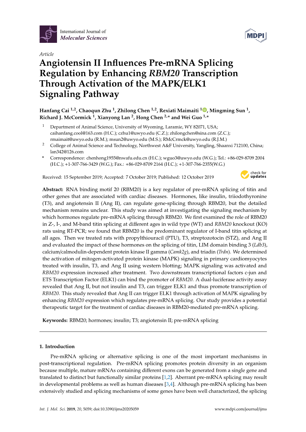 Angiotensin II Influences Pre-Mrna Splicing Regulation by Enhancing