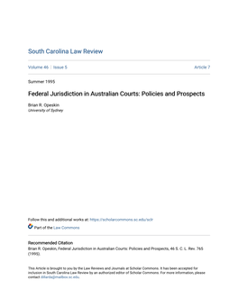 Federal Jurisdiction in Australian Courts: Policies and Prospects