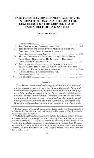 On Constitutional Values and the Legitimacy of the Chinese State- Party Rule of Law System1