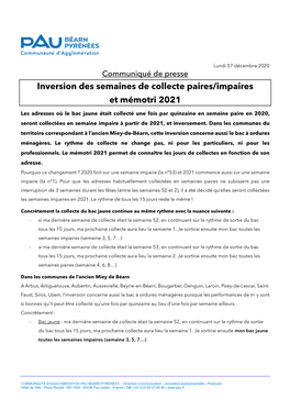 Inversion Des Semaines De Collecte Paires/Impaires Et Mémotri 2021