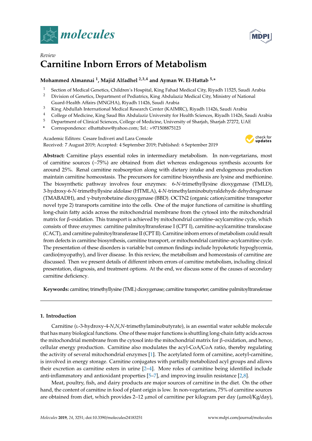 Carnitine Inborn Errors of Metabolism