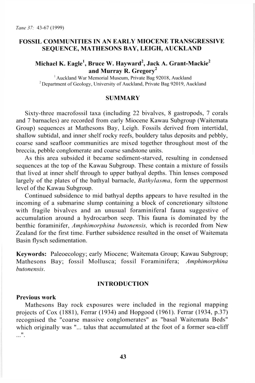 Fossil Communities in an Early Miocene Transgressive Sequence, Mathesons Bay, Leigh, Auckland