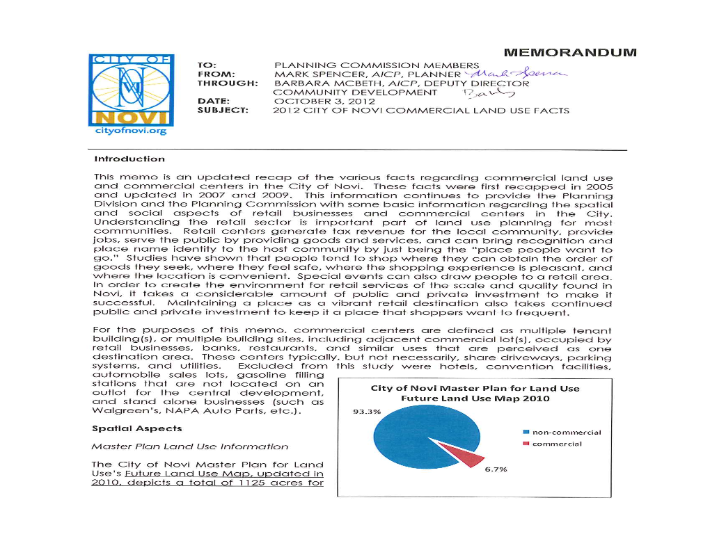 2012 CITY of NOVI COMMERCIAL LAND USE FACTS October 3, 2012 Page 2 of 5 Commercial Purposes