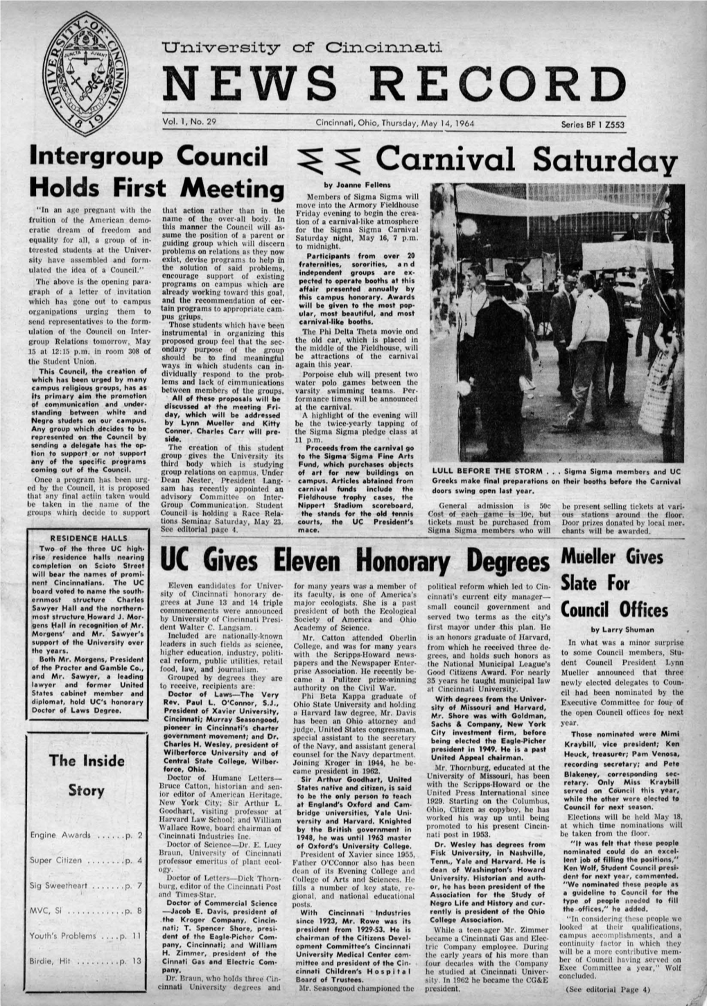 University of Cincinnati News Record. Thursday, May 14, 1964. Vol. L