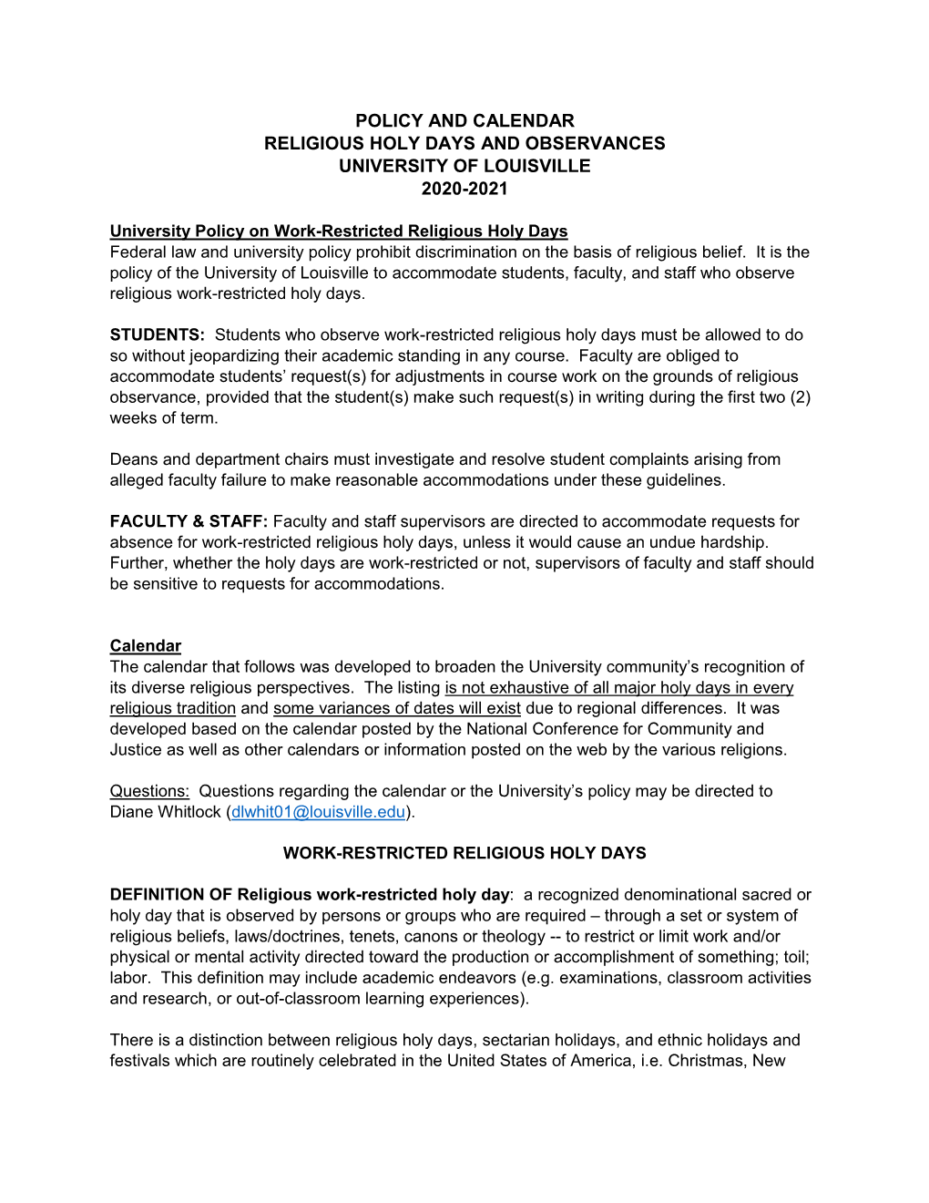 Work-Restricted Religious Holy Days Federal Law and University Policy Prohibit Discrimination on the Basis of Religious Belief