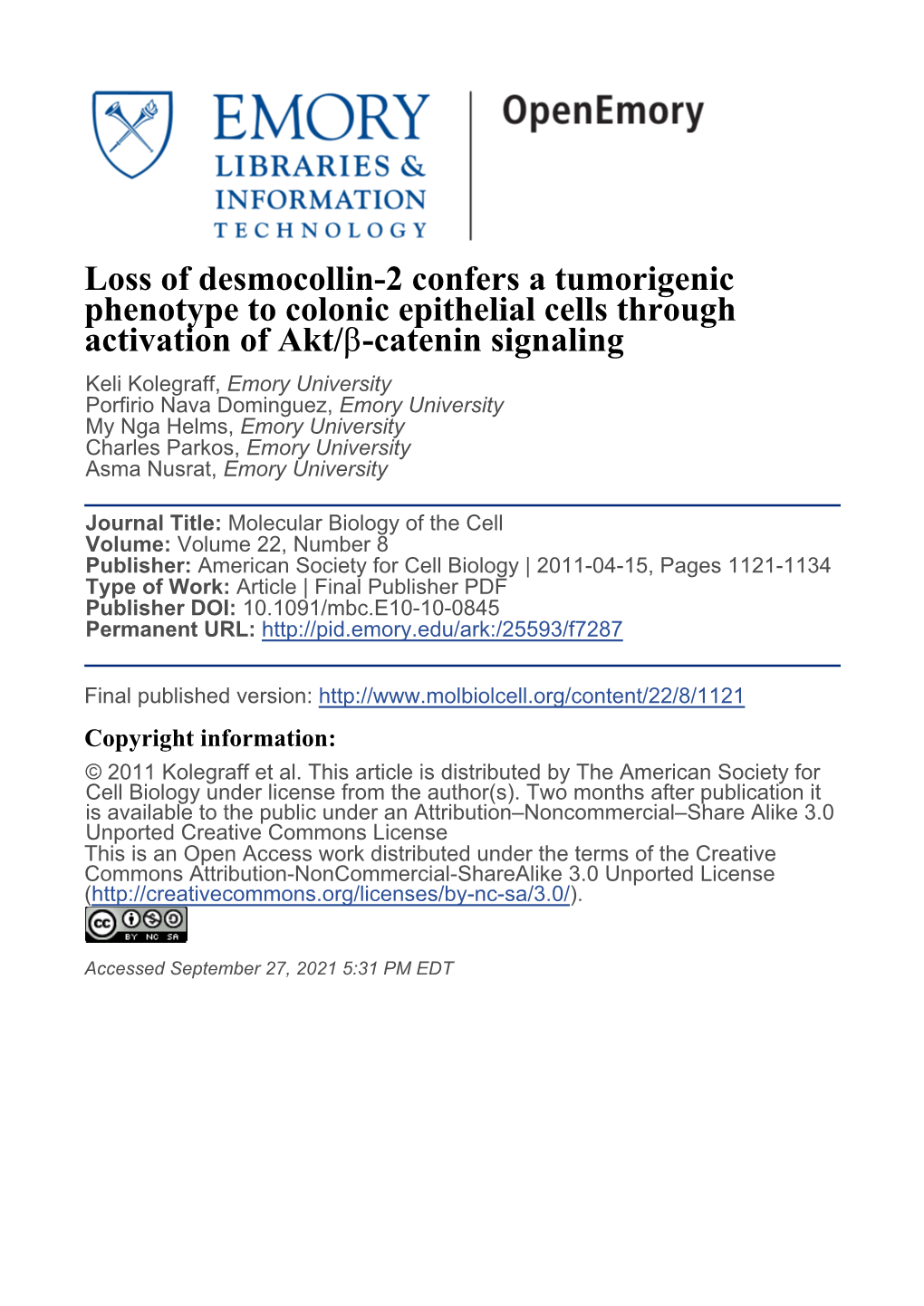 Loss of Desmocollin-2 Confers a Tumorigenic