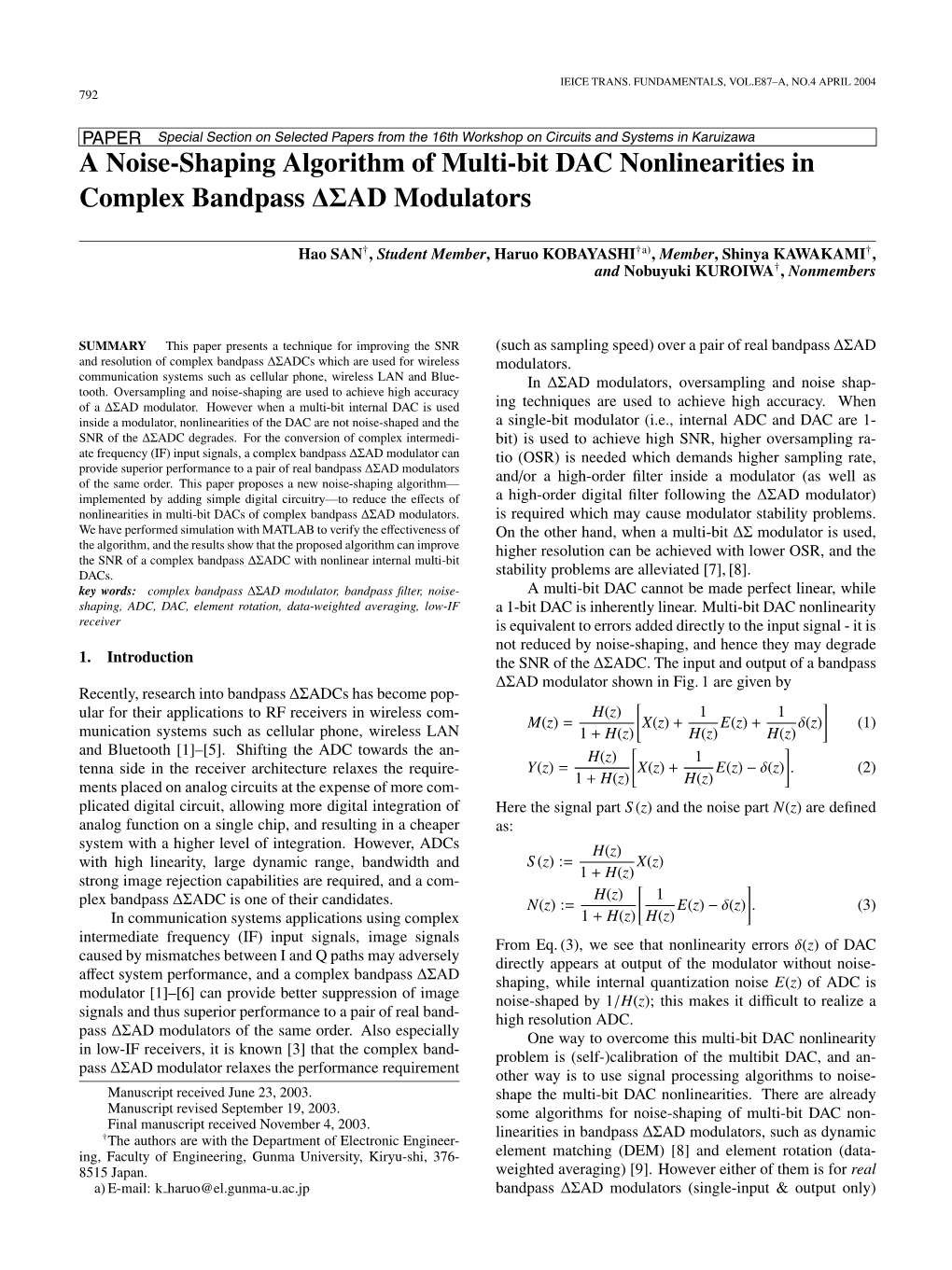 A Noise-Shaping Algorithm of Multi-Bit DAC Nonlinearities in Complex Bandpass ∆ΣAD Modulators
