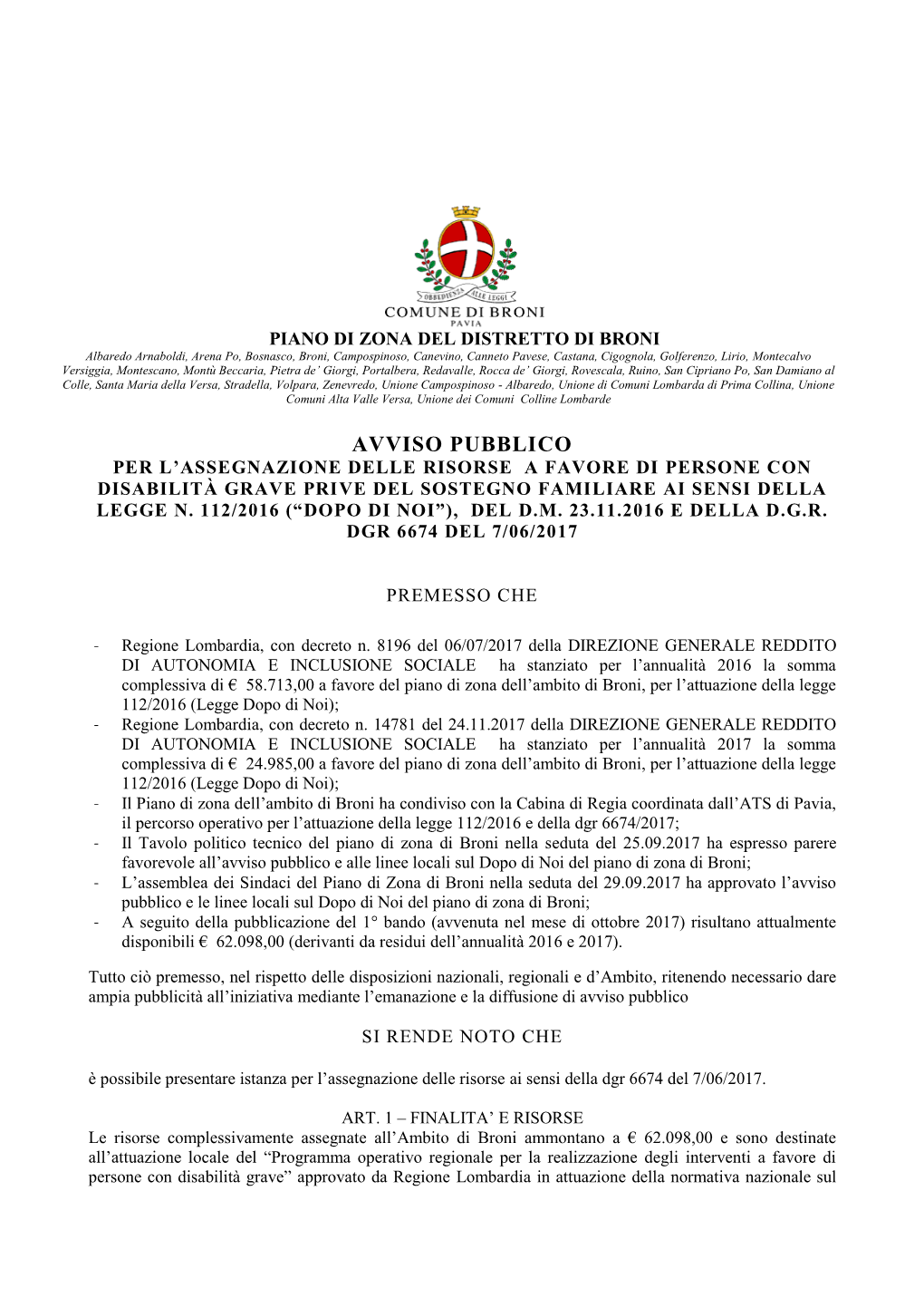 Avviso Pubblico Per L’Assegnazione Delle Risorse a Favore Di Persone Con Disabilità Grave Prive Del Sostegno Familiare Ai Sensi Della Legge N