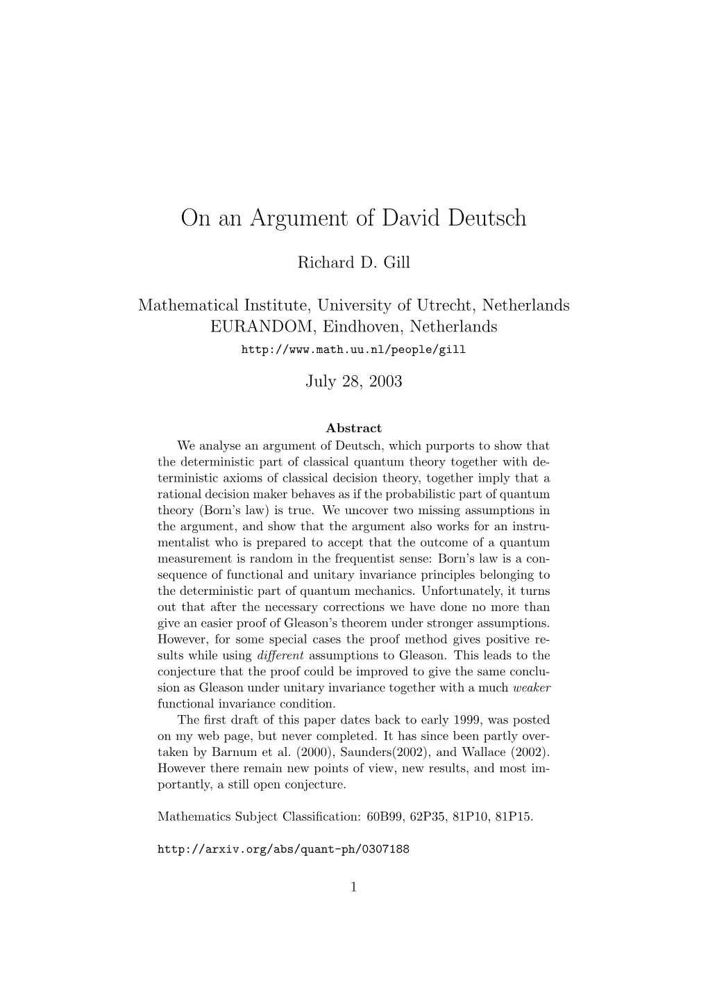 On an Argument of David Deutsch