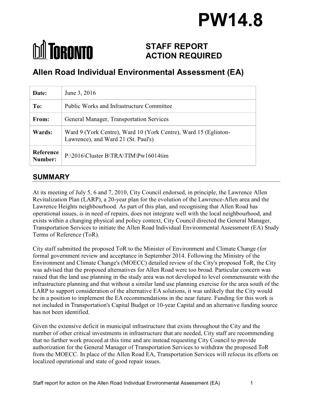 Allen Road Individual Environmental Assessment (EA)