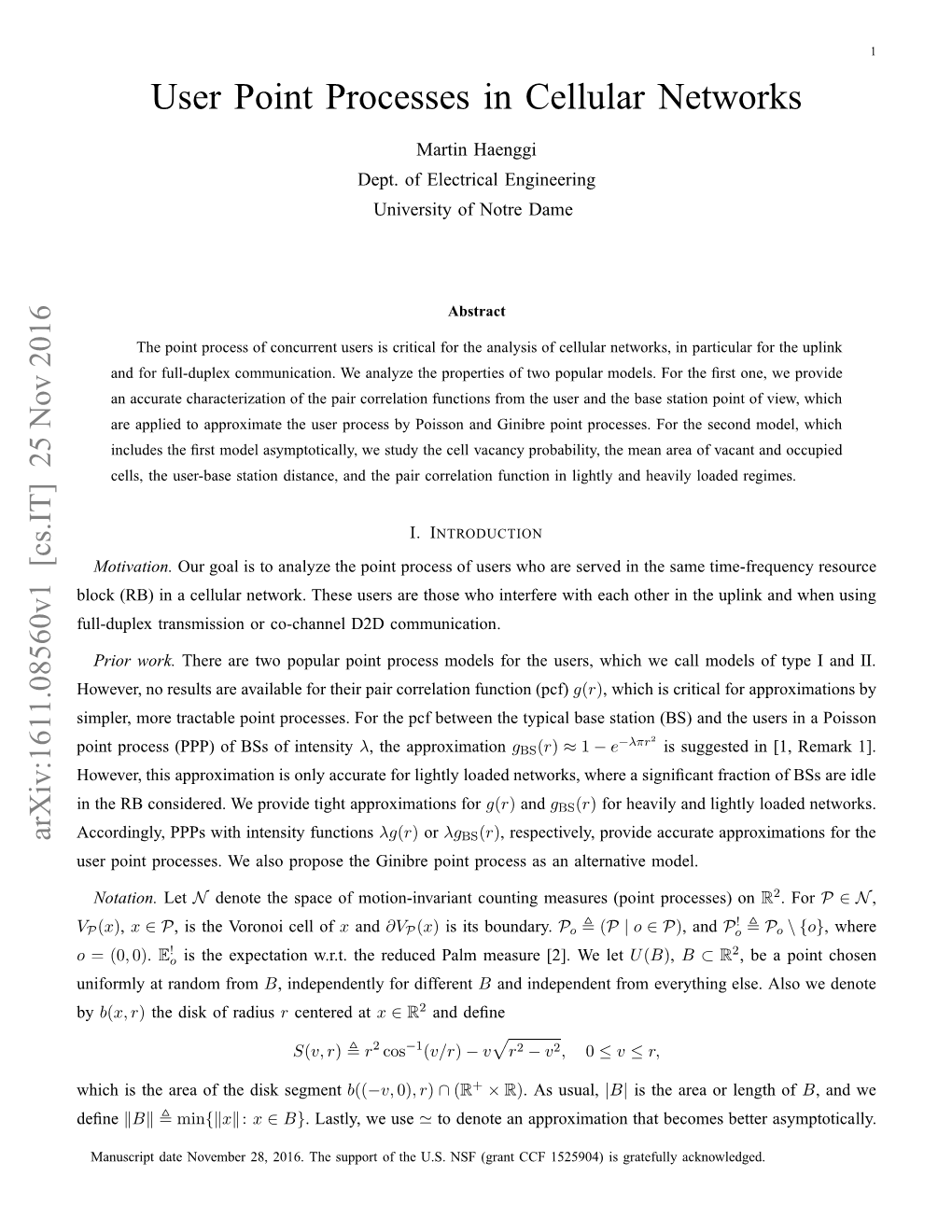 User Point Processes in Cellular Networks