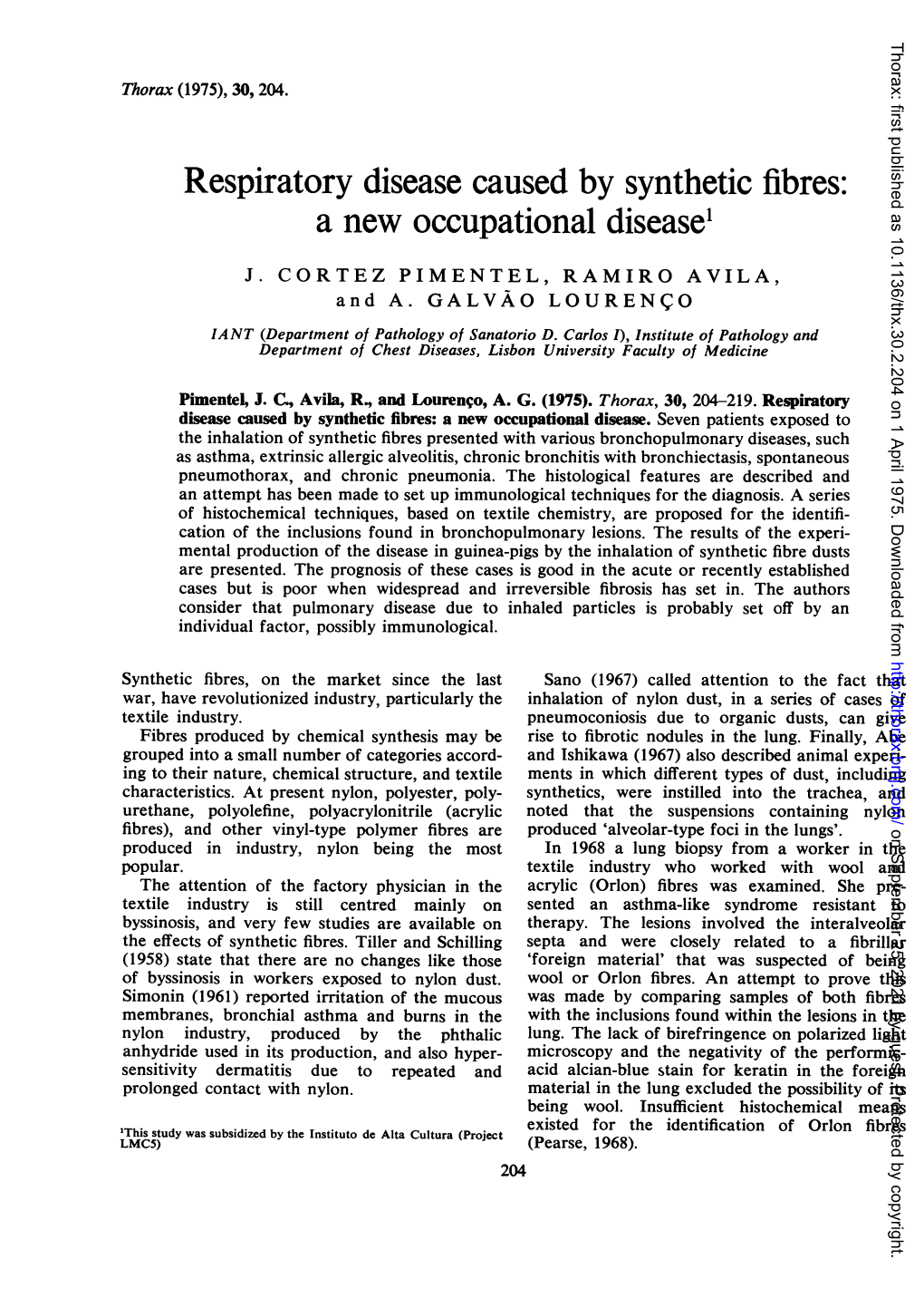 Respiratory Disease Caused by Synthetic Fibres: a New Occupational Disease1