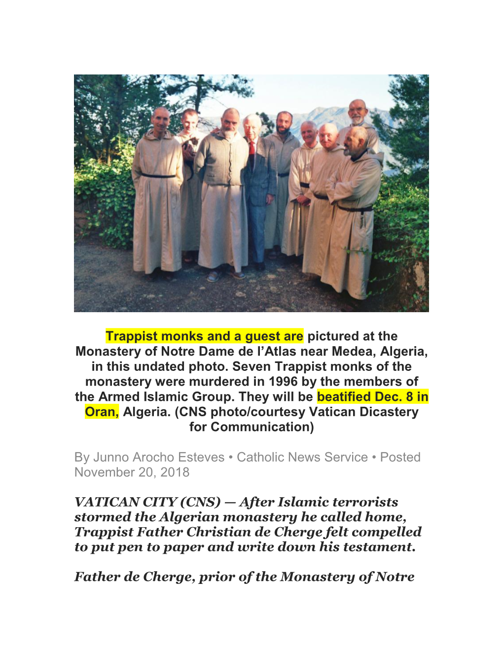 Trappist Monks and a Guest Are Pictured at the Monastery of Notre Dame De L’Atlas Near Medea, Algeria, in This Undated Photo