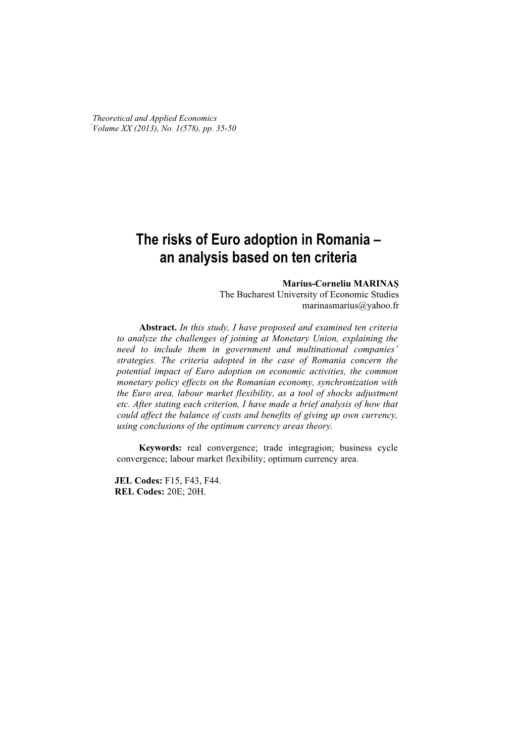 The Risks of Euro Adoption in Romania – an Analysis Based on Ten Criteria