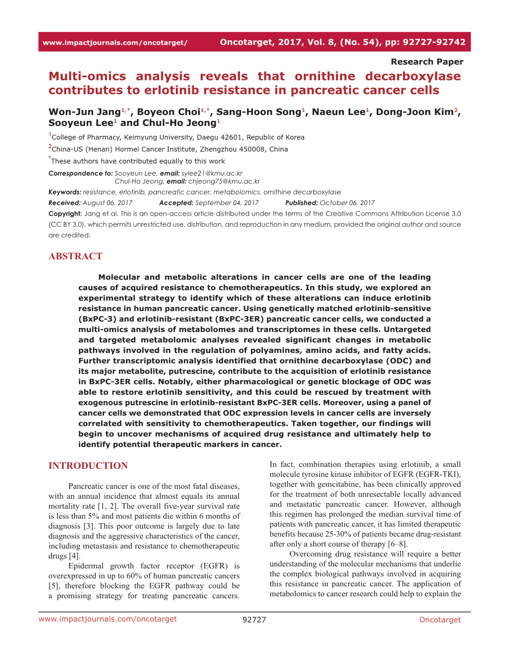 Multi-Omics Analysis Reveals That Ornithine Decarboxylase Contributes to Erlotinib Resistance in Pancreatic Cancer Cells