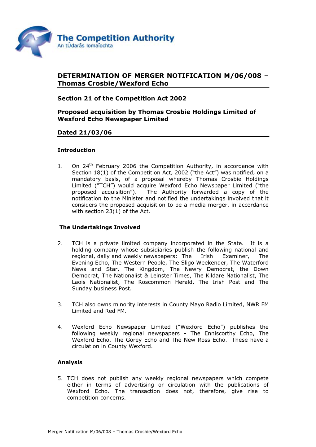 DETERMINATION of MERGER NOTIFICATION M/06/008 – Thomas Crosbie/Wexford Echo