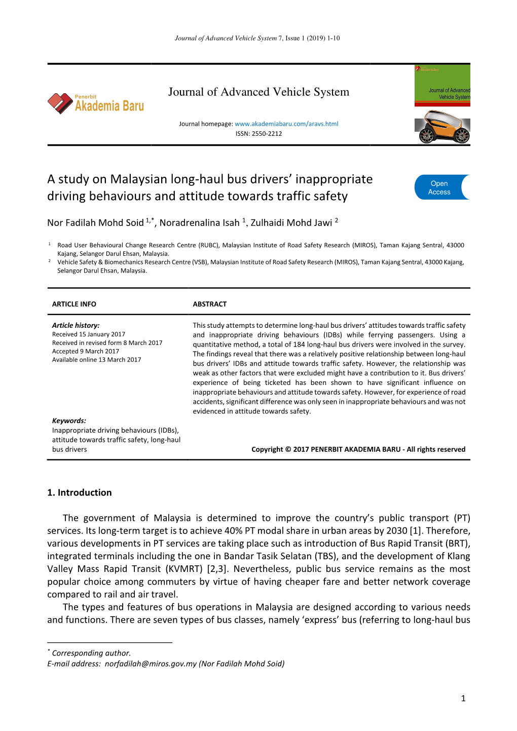 Journal of Advanced Vehicle System 7, Issue 1 (2019) 1-10