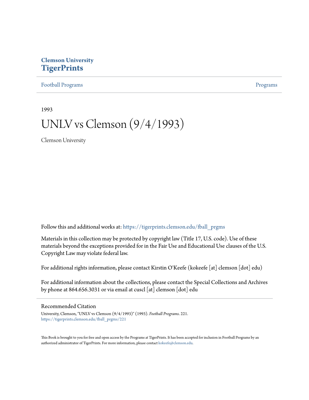 UNLV Vs Clemson (9/4/1993) Clemson University