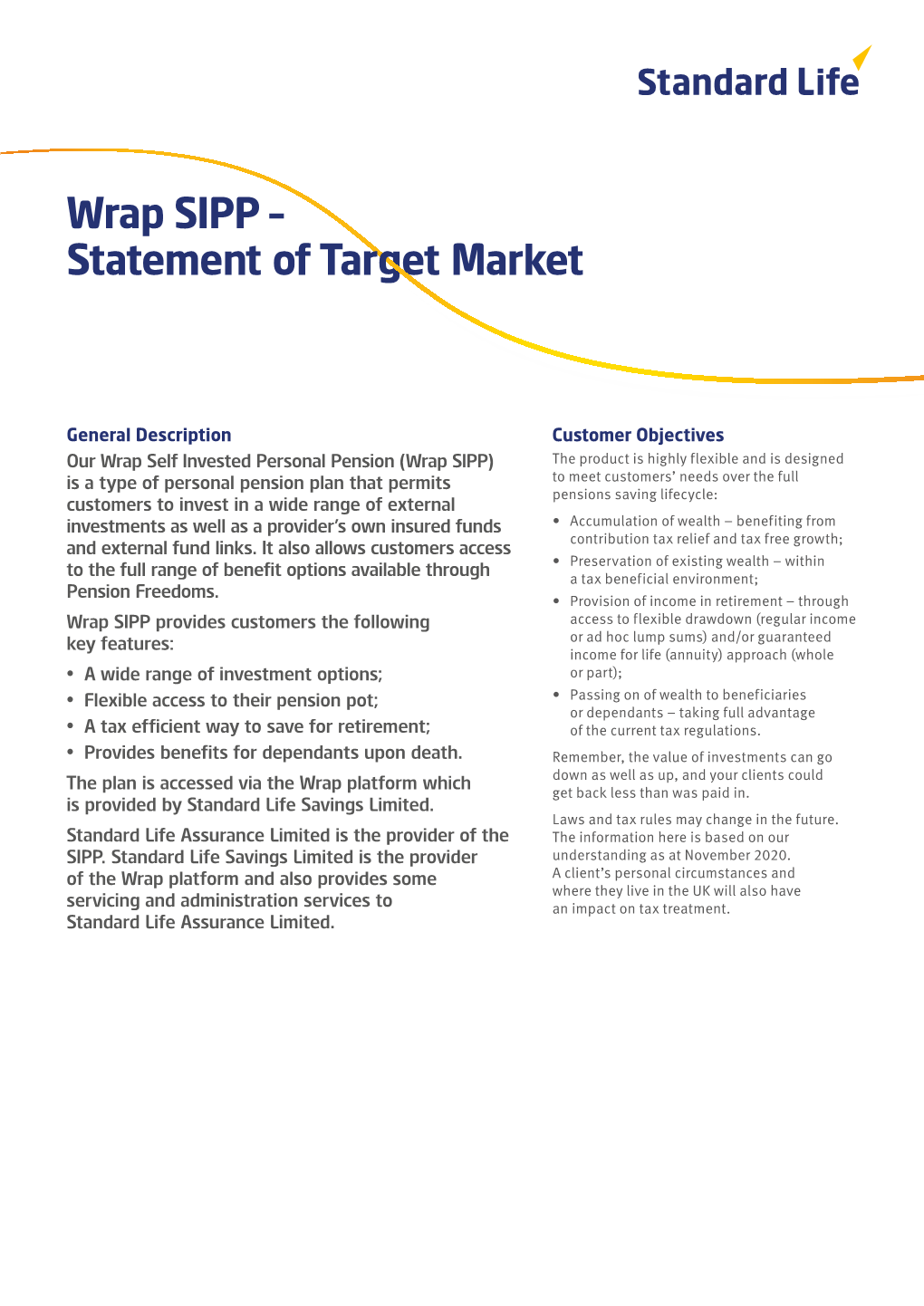 Wrap SIPP – Statement of Target Market