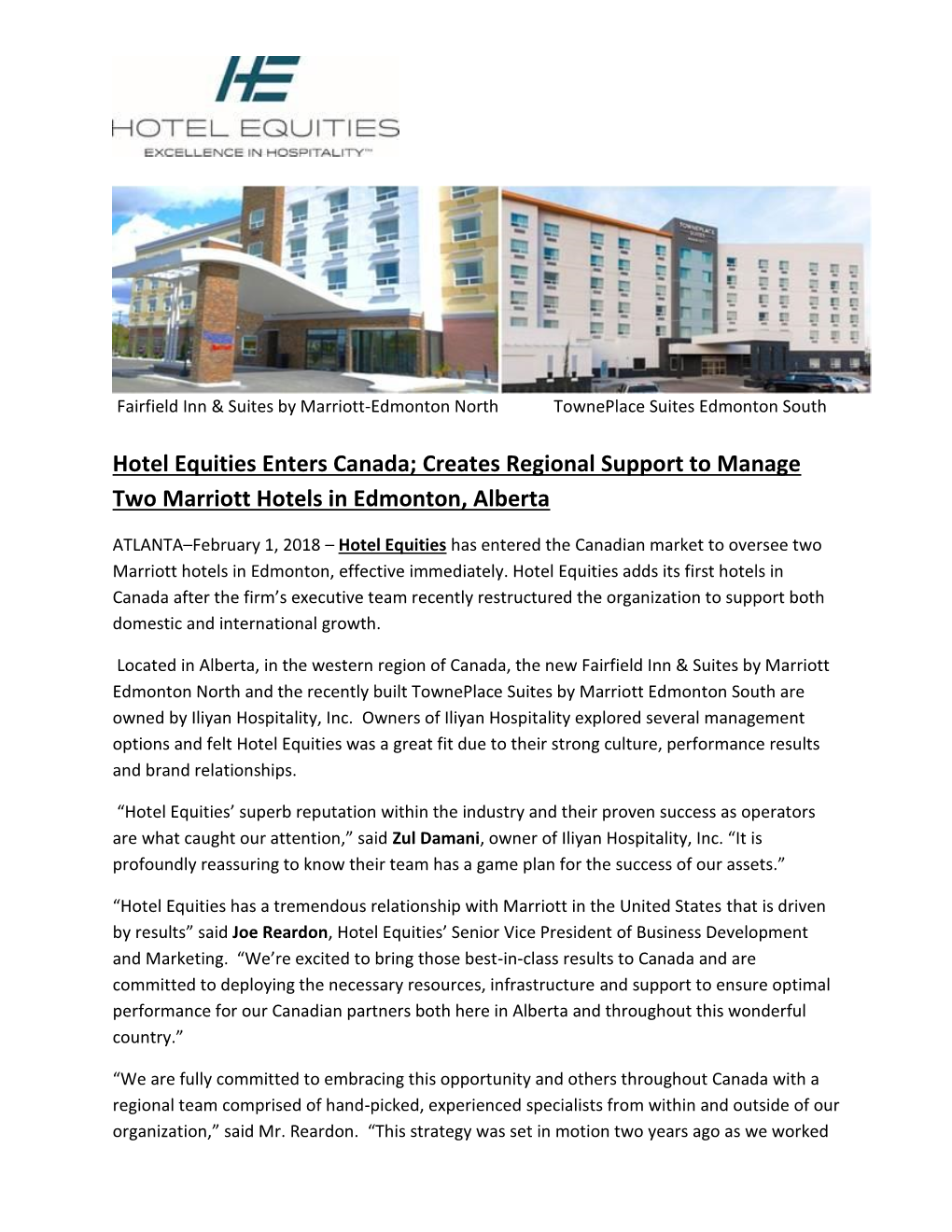 Hotel Equities Enters Canada; Creates Regional Support to Manage Two Marriott Hotels in Edmonton, Alberta