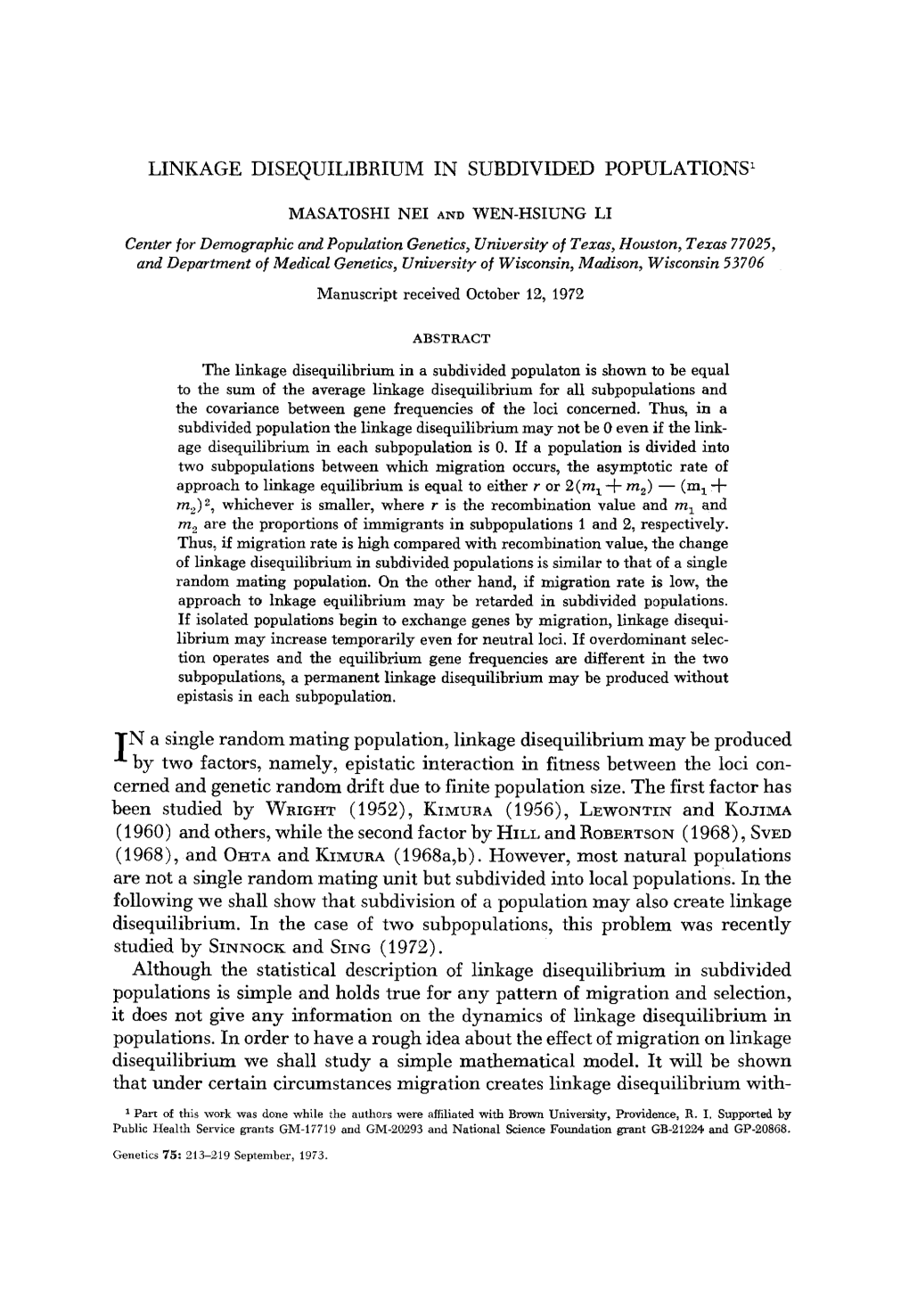 LINKAGE DISEQUILIBRIUM in SUBDIVIDED POPULATIONS' I N A