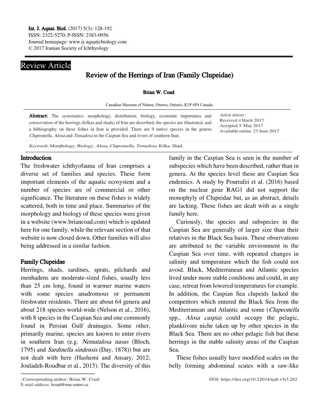Review Article Review of the Herrings of Iran (Family Clupeidae)