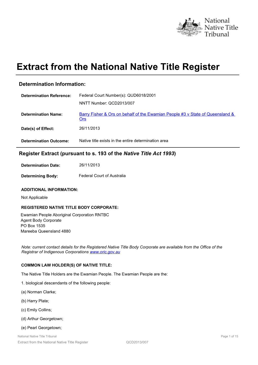 Extract from the National Native Title Register