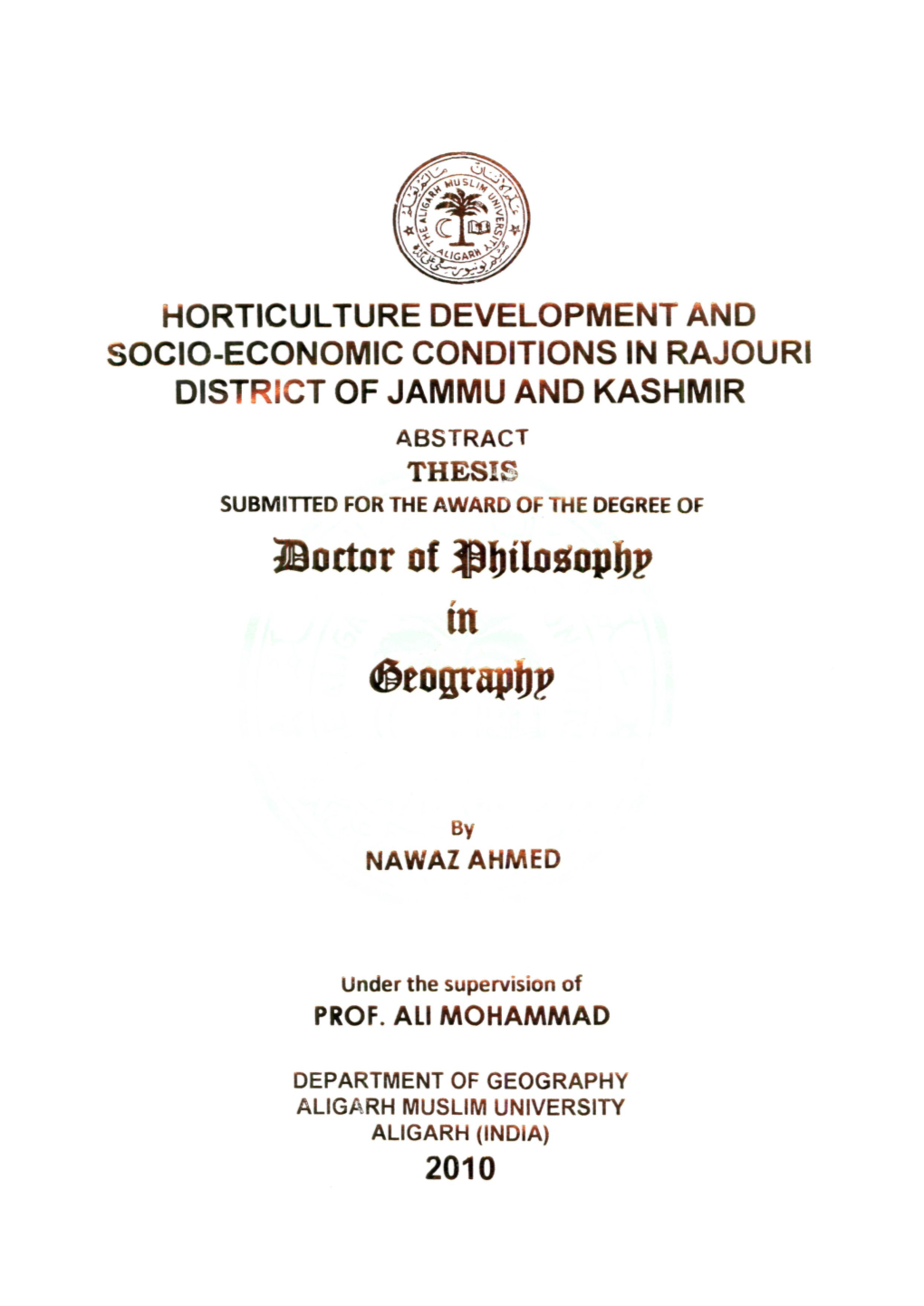 Horticulture Development and Socio-Economic Conditions in Rajouri District of Jammu and Kashmir Abstract Thesis