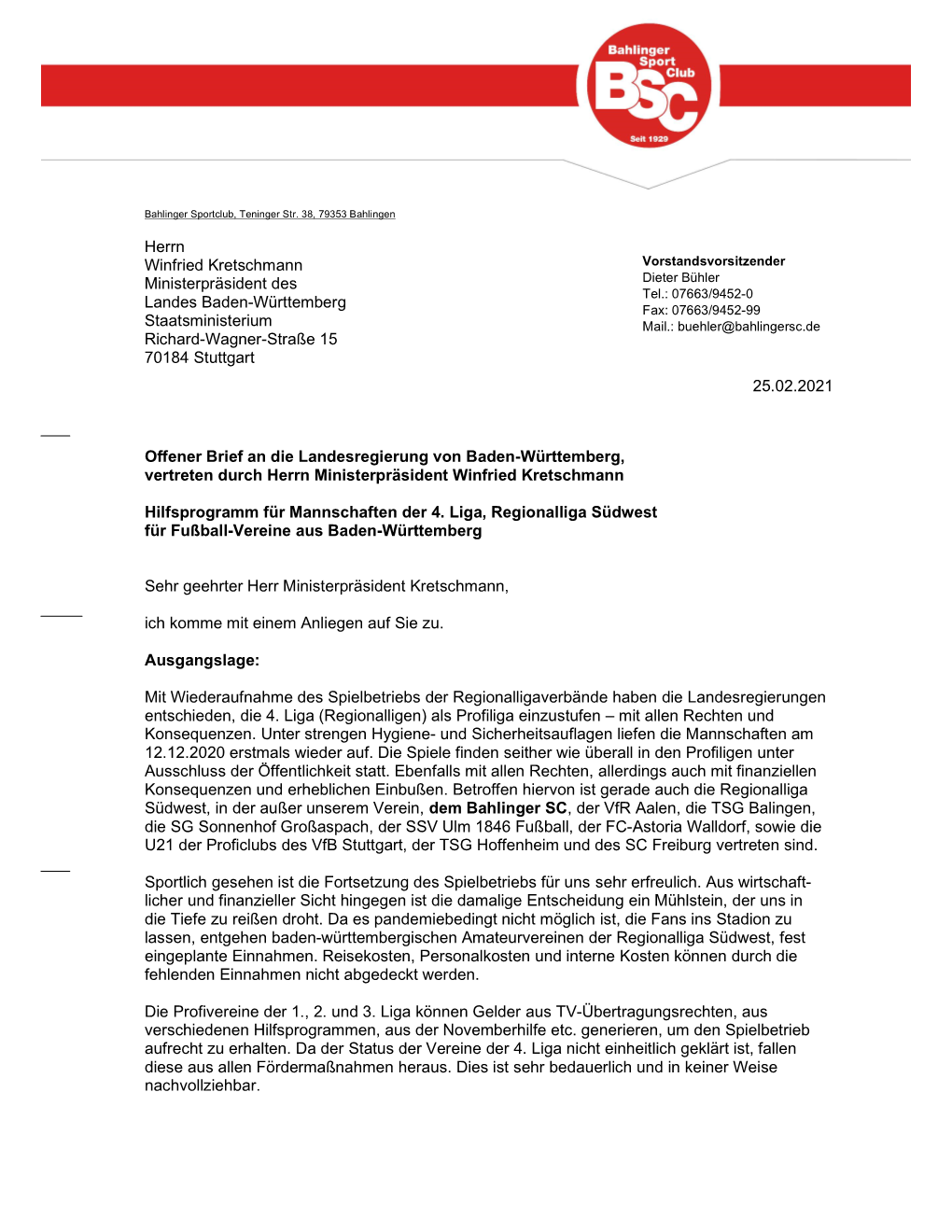 Offener Brief an Die Landesregierung Von Baden-Württemberg, Vertreten Durch Herrn Ministerpräsident Winfried Kretschmann