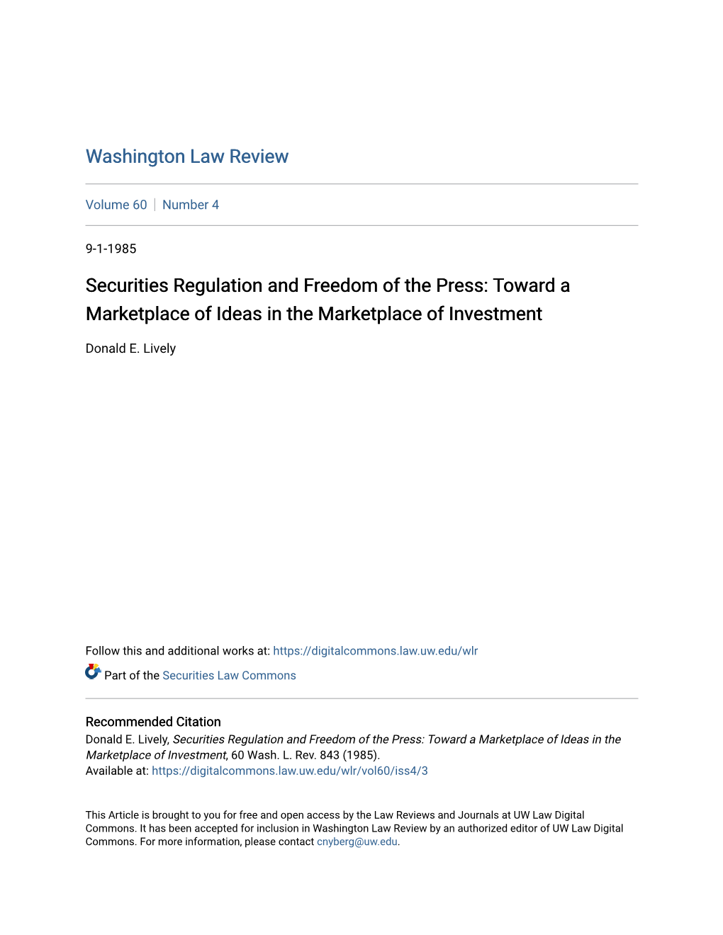 Securities Regulation and Freedom of the Press: Toward a Marketplace of Ideas in the Marketplace of Investment