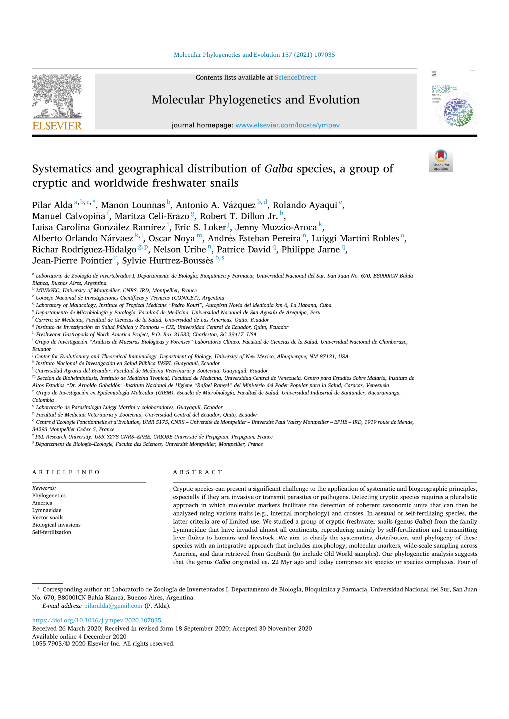 Systematics and Geographical Distribution of Galba Species, a Group of Cryptic and Worldwide Freshwater Snails