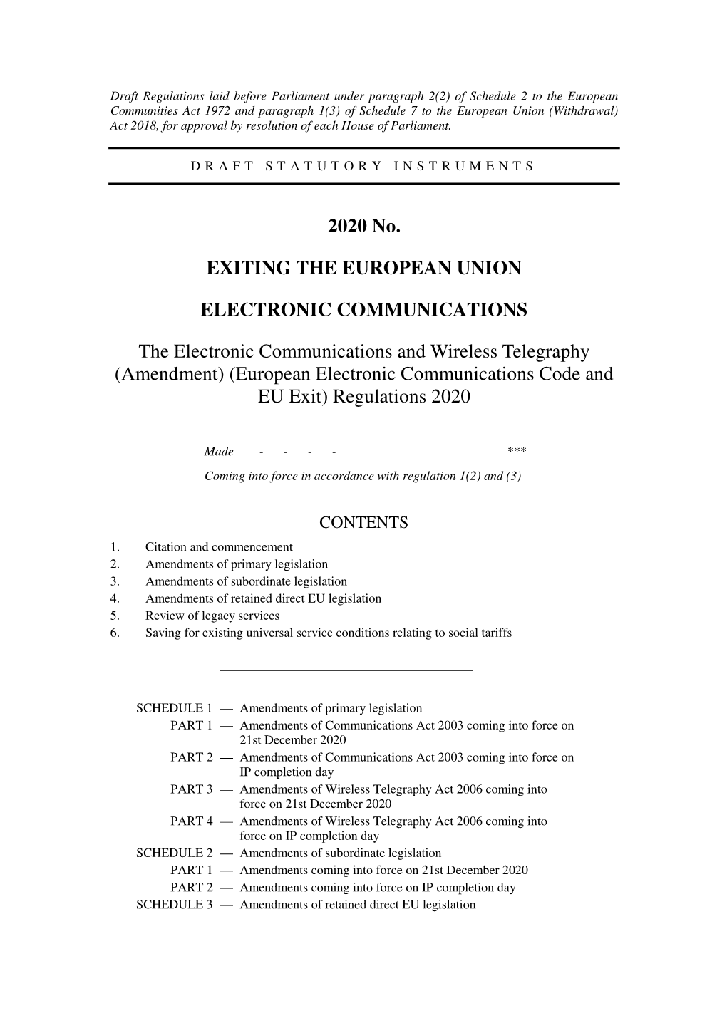 The Electronic Communications and Wireless Telegraphy (Amendment) (European Electronic Communications Code and EU Exit) Regulations 2020