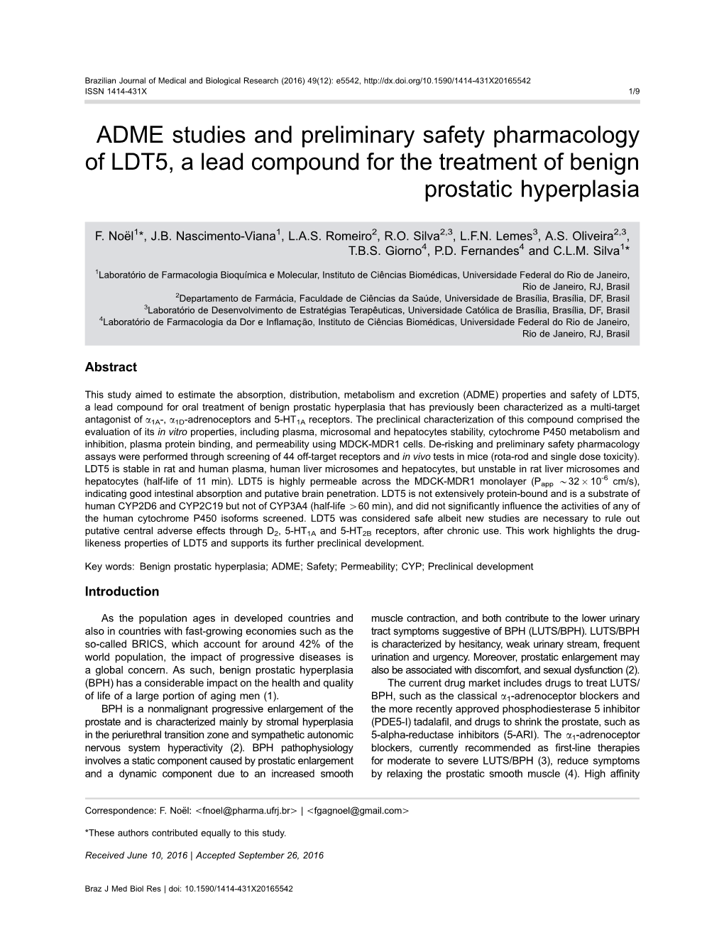 ADME Studies and Preliminary Safety Pharmacology of LDT5, a Lead Compound for the Treatment of Benign Prostatic Hyperplasia