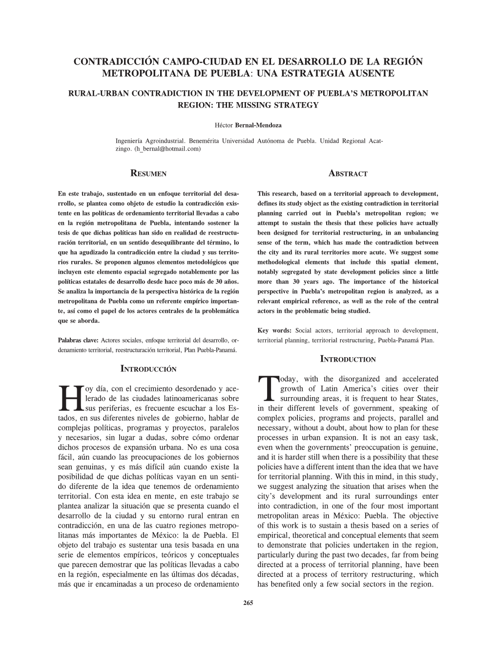 Contradicción Campo-Ciudad En El Desarrollo De La Región Metropolitana De Puebla: Una Estrategia Ausente