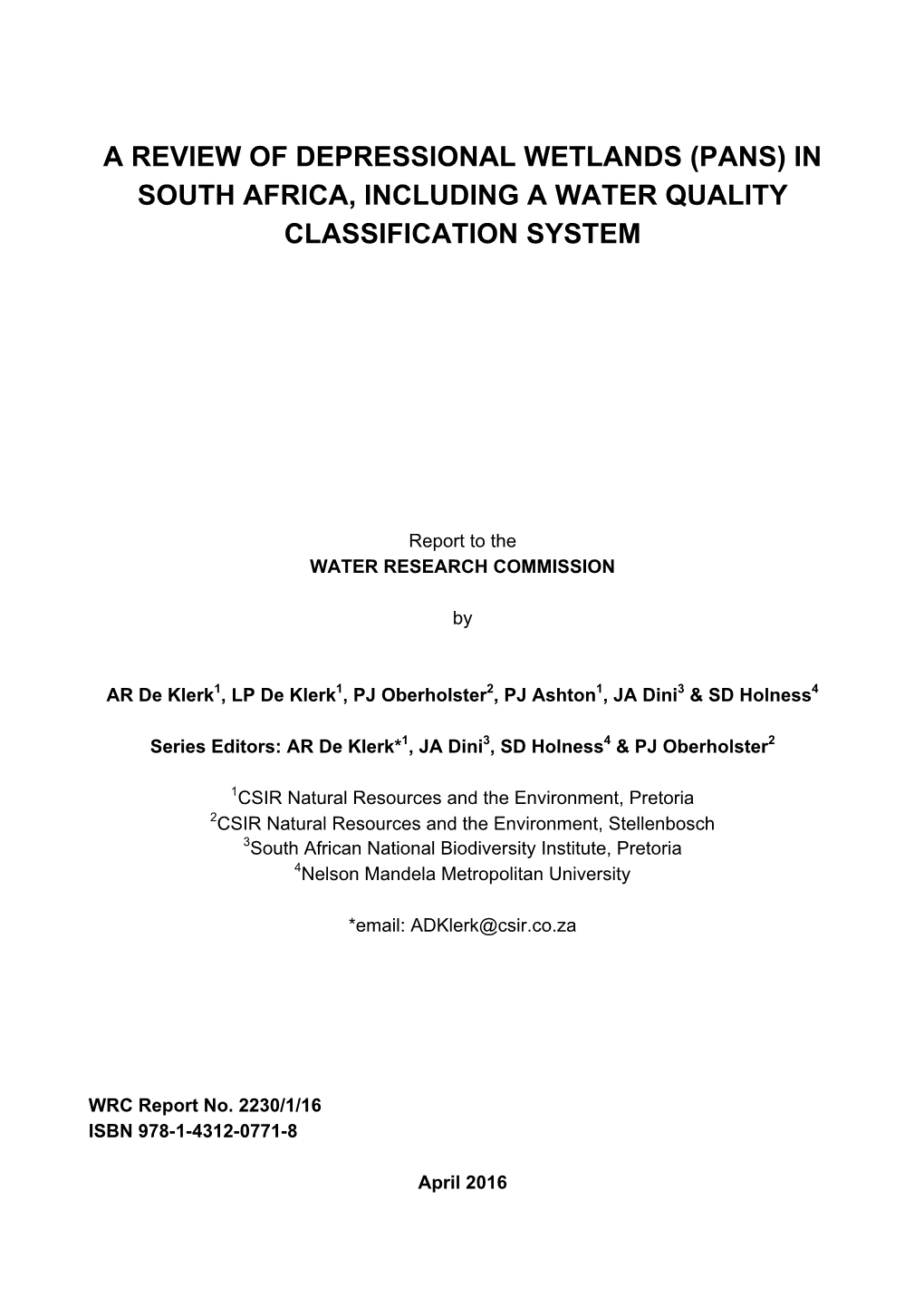 A Review of Depressional Wetlands (Pans) in South Africa, Including a Water Quality Classification System
