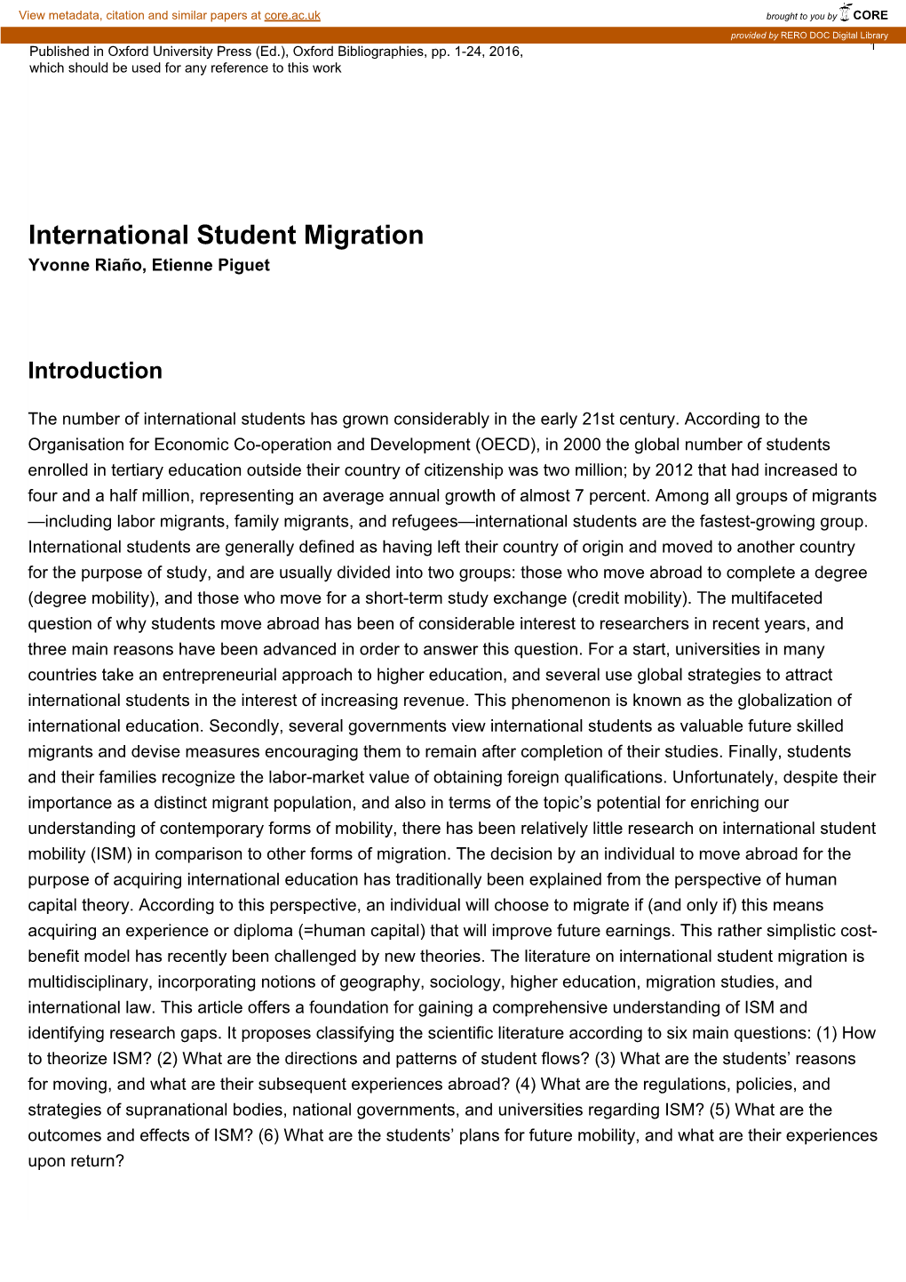 International Student Migration Yvonne Riaño, Etienne Piguet