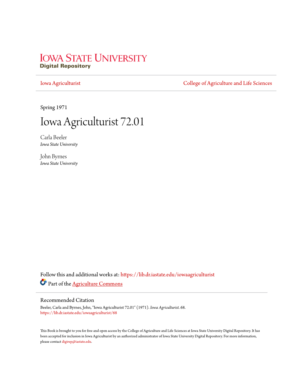 Iowa Agriculturist 72.01 Carla Beeler Iowa State University