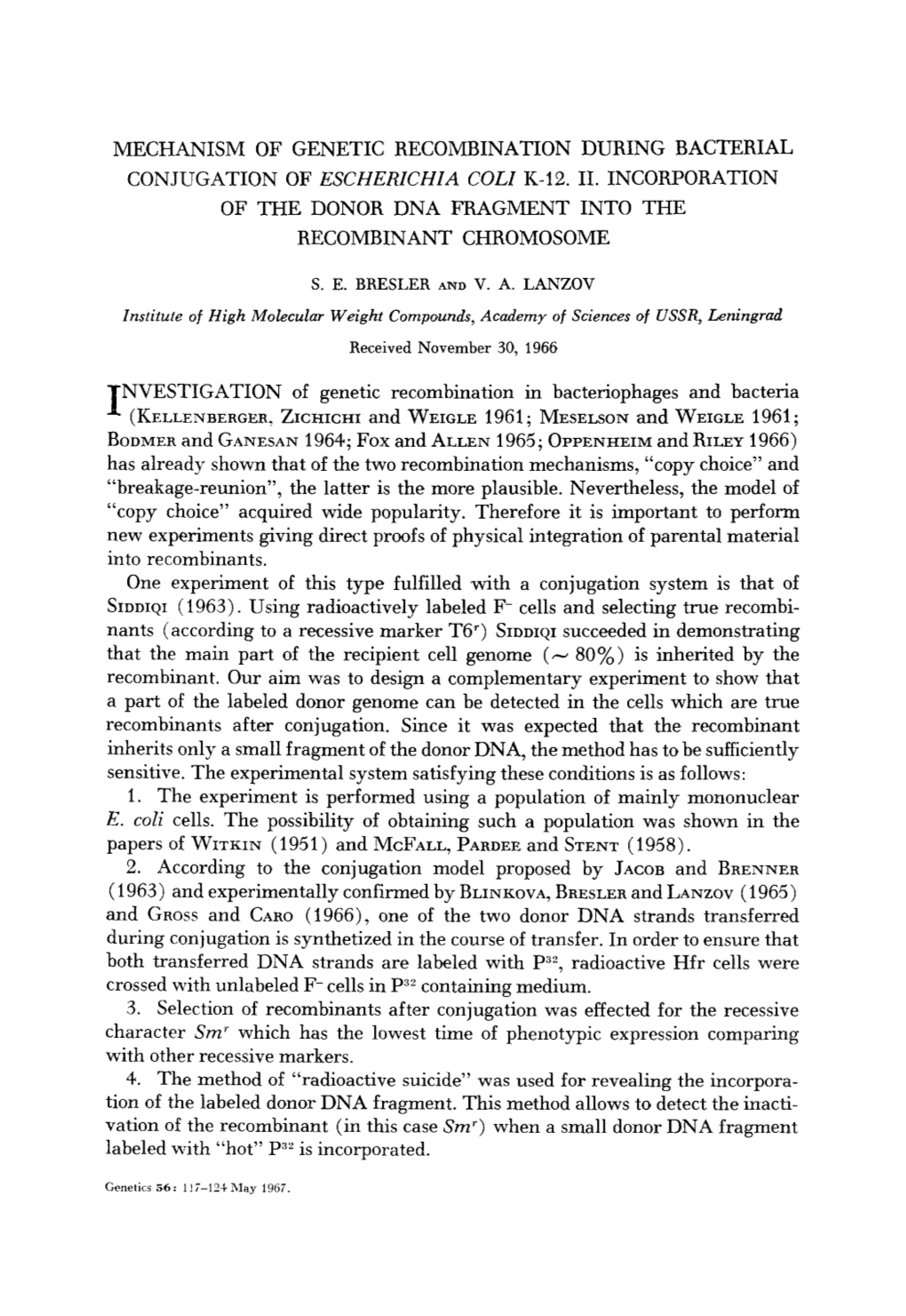 Mechanism of Genetic Recombination During Bacterial Conjugation of Escherzchza Coli K-12