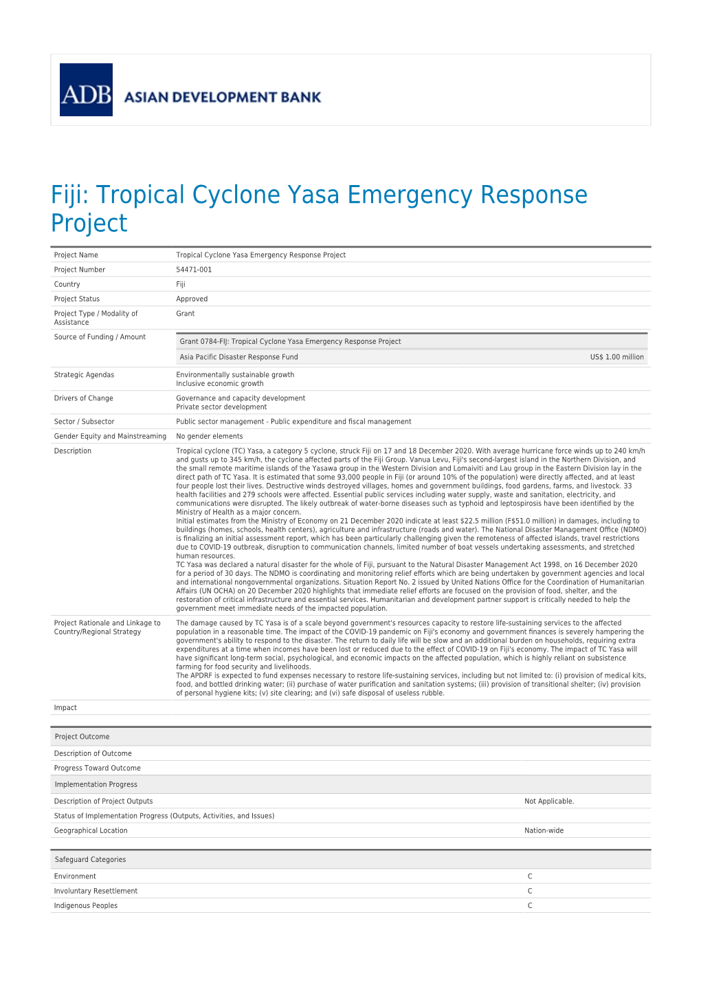 Tropical Cyclone Yasa Emergency Response Project