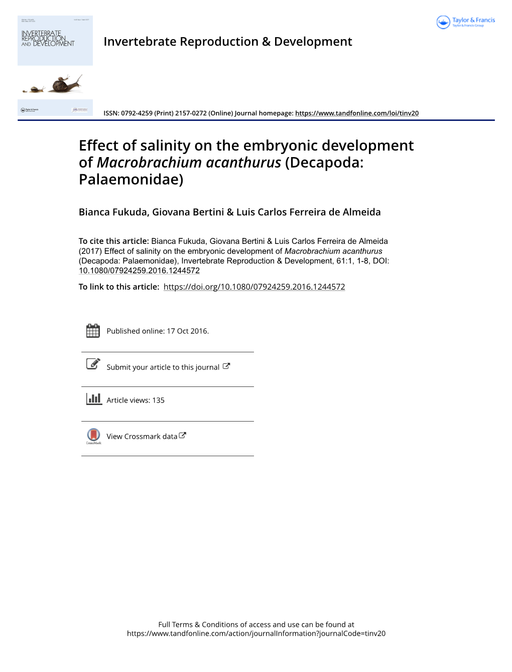 Effect of Salinity on the Embryonic Development of Macrobrachium Acanthurus (Decapoda: Palaemonidae)