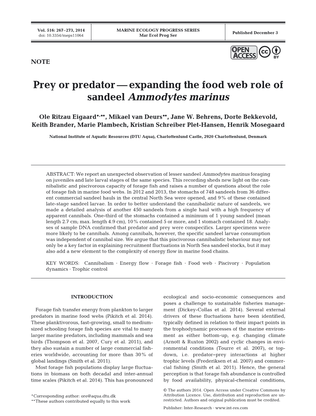 Prey Or Predator—Expanding the Food Web Role of Sandeel Ammodytes Marinus