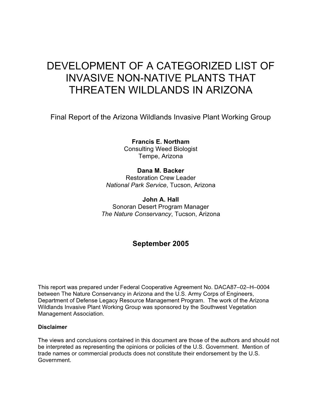 Development of a Categorized List of Invasive Non-Native Plants That Threaten Wildlands in Arizona