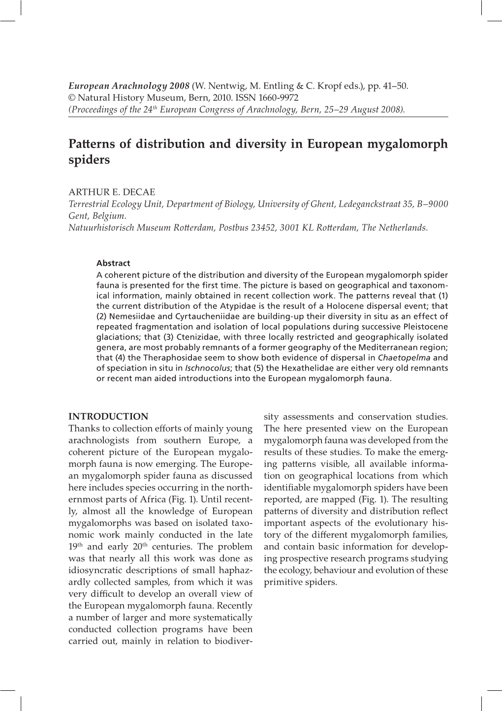 Patterns of Distribution and Diversity in European Mygalomorph Spiders