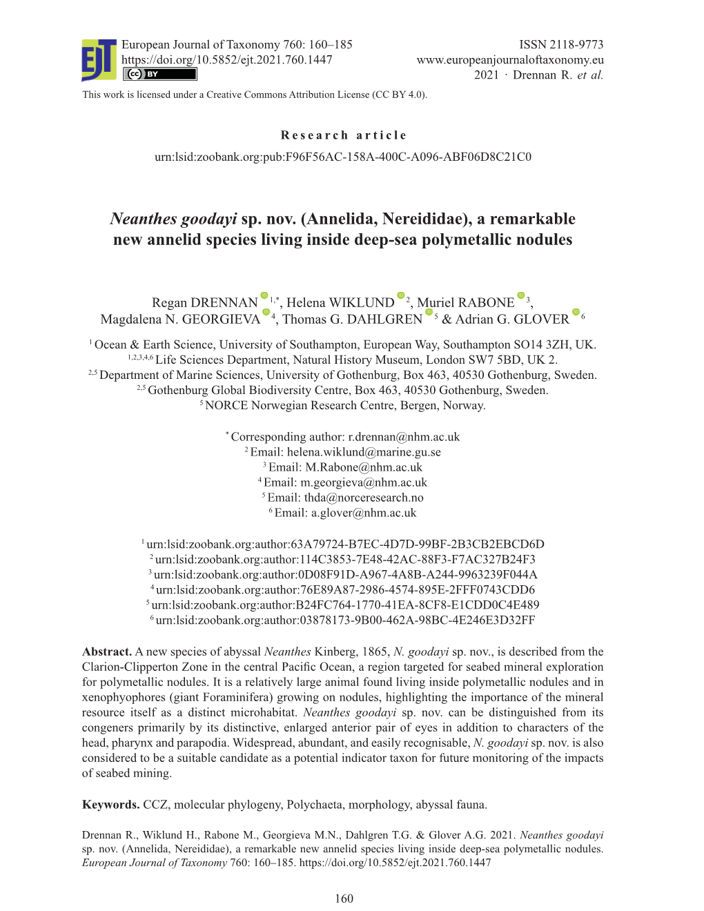 Neanthes Goodayi Sp. Nov. (Annelida, Nereididae), a Remarkable New Annelid Species Living Inside Deep-Sea Polymetallic Nodules