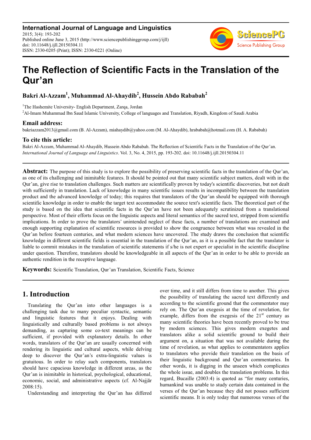 The Reflection of Scientific Facts in the Translation of the Qur'an