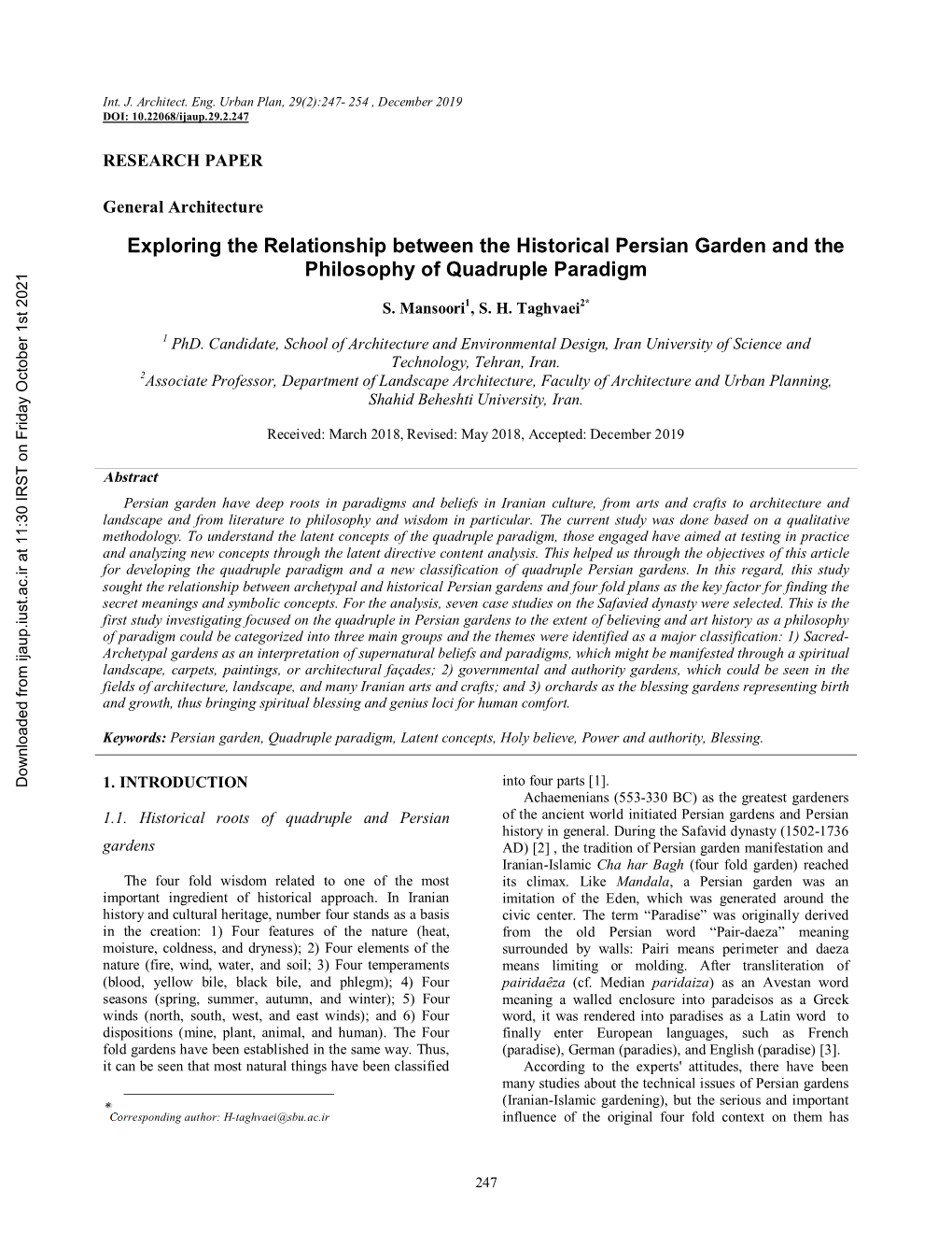 Exploring the Relationship Between the Historical Persian Garden and the Philosophy of Quadruple Paradigm