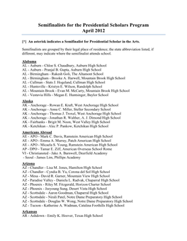2012 Semifinalists for the Presidential Scholars Program -- April 2012 (PDF)