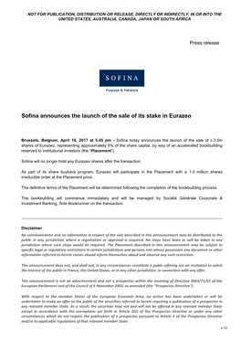 Sofina Announces the Launch of the Sale of Its Stake in Eurazeo
