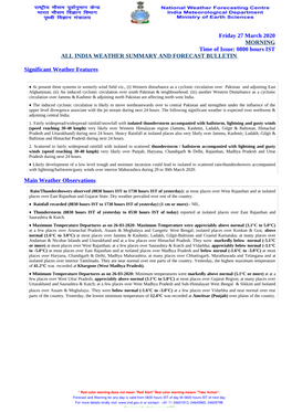 Friday 27 March 2020 MORNING Time of Issue: 0800 Hours IST ALL INDIA WEATHER SUMMARY and FORECAST BULLETIN Significant Weather F